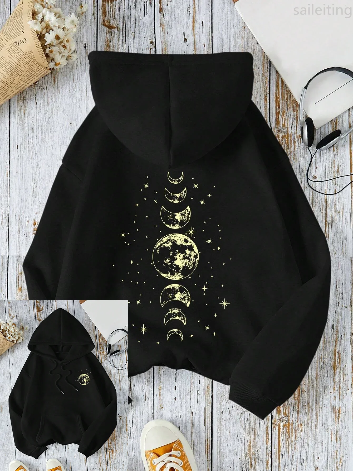New with Different Moon Prints Front and Back Printed kangaroo pocket Hoodies Casual and Fashionable Women's Clothing