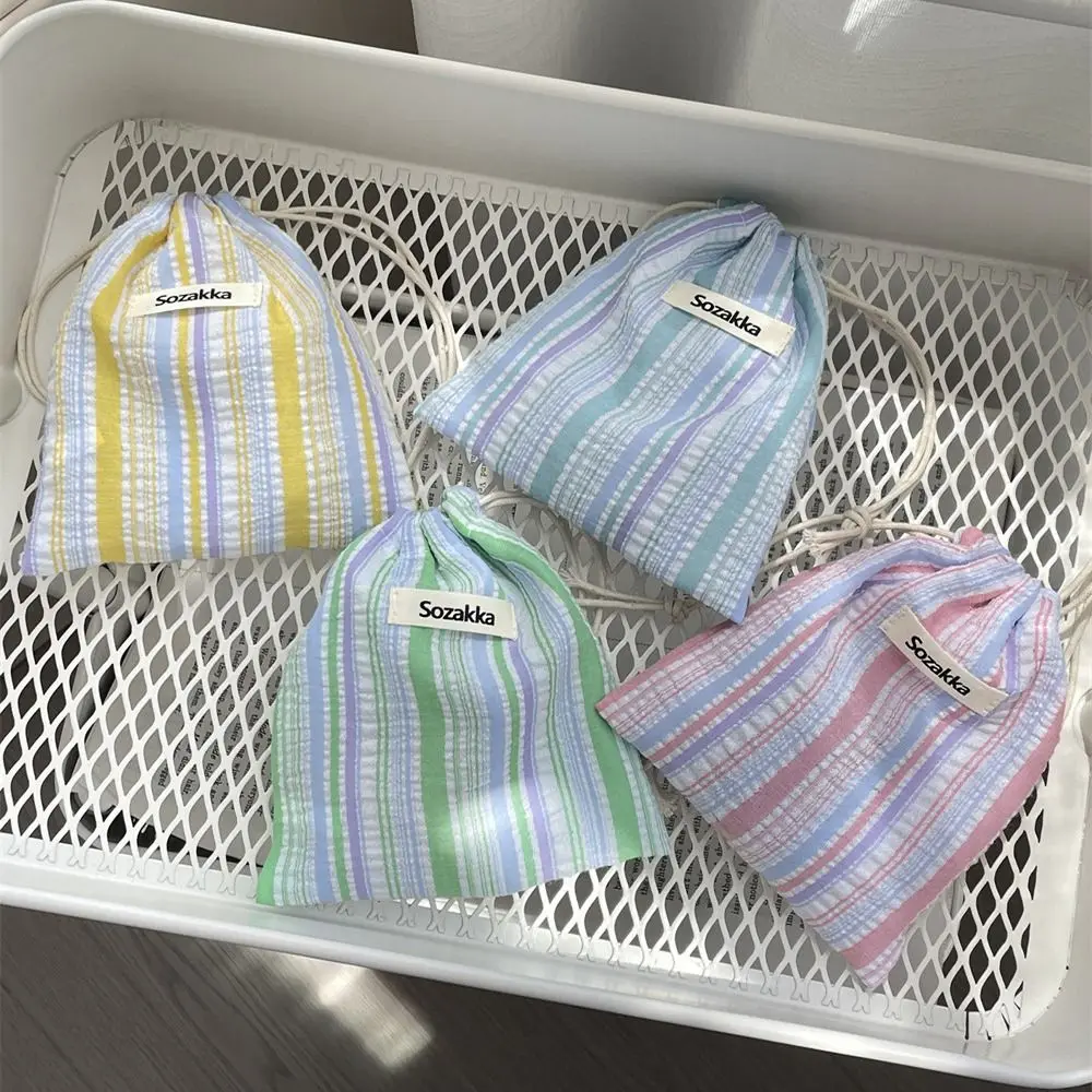 2024 Drawstring Storage Bag Portable Folds and Stripes Makeup Pouch Durable Sundry Bundle Pocket Travel