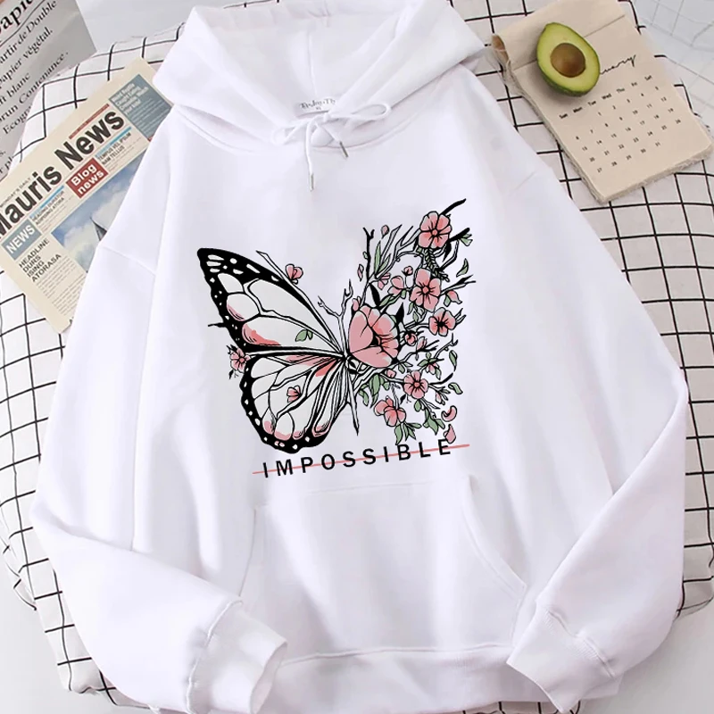 Rose Butterfly Impossible Graphic Print Women Sweatshirt Fashion Warm Hooded Loose Casual Hoodies Fleece Soft Fashion Clothing