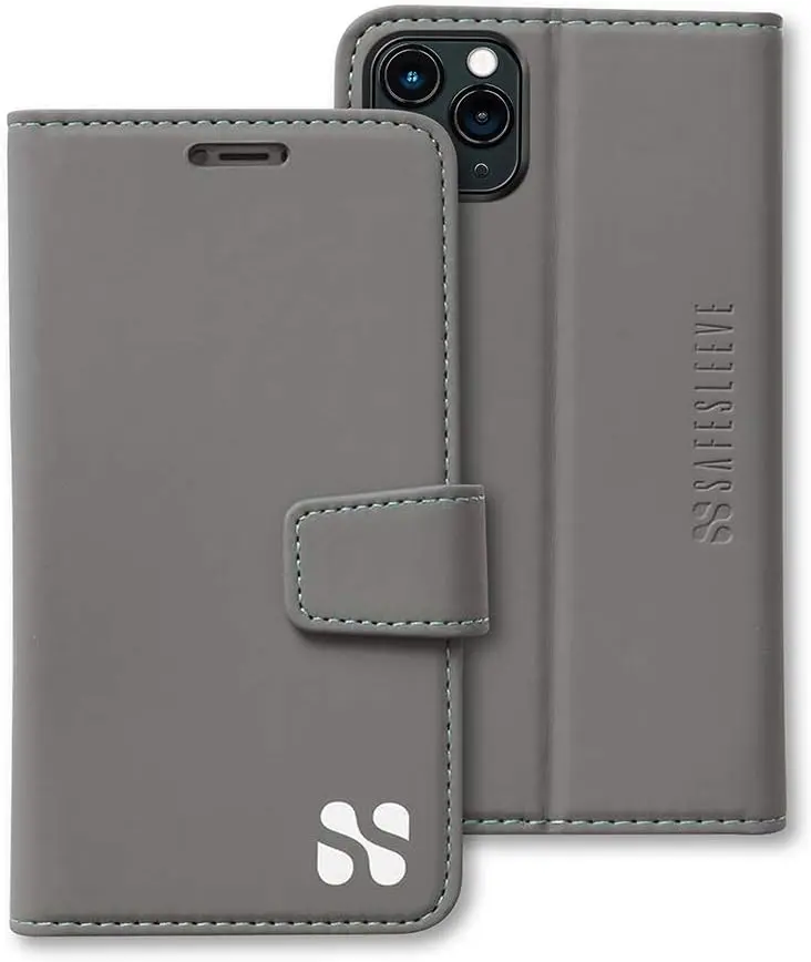 

Чехол для iPhone 12/12 Pro с защитой от ЭМП, с держателем для карт и регулируемой подставкой - веганская кожа, серый