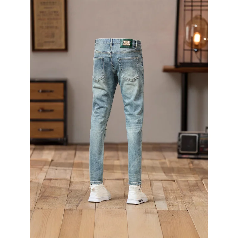 

Мужские джинсы в стиле ретро, лоскутное шитье в американском стиле, скребковая уличная мода, мужская одежда, облегающий эластичный крой, брюки на небольшую ногу