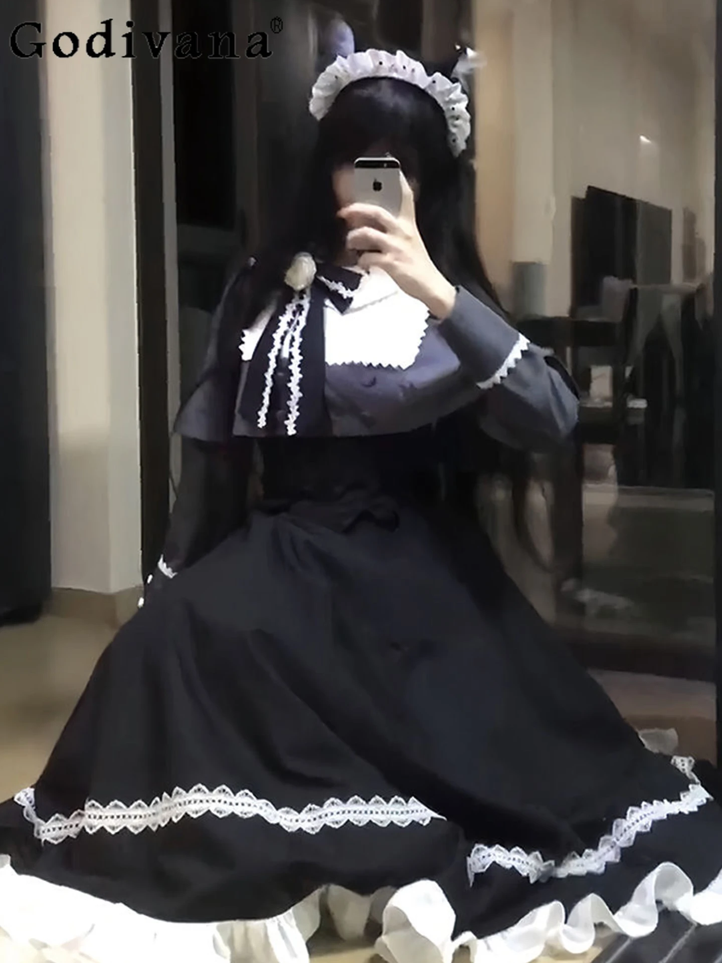 

2025 New Japanese Original Lolita Commuting Style Long Dress Bowknot Small Cape Coat Sweet Cool Girl Halloween Two-Piece Set