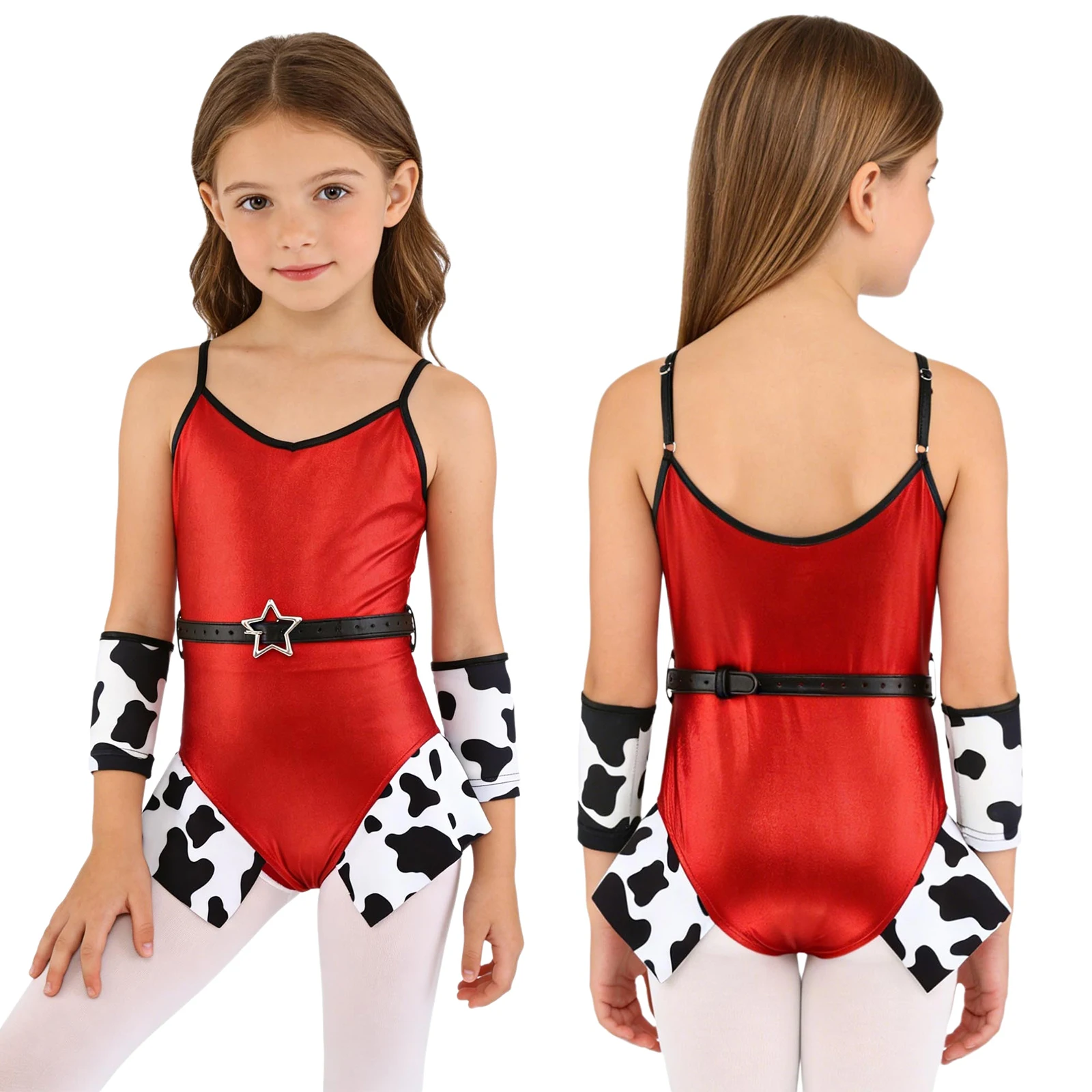 Kids Girls Metallic Shiny Cow Print Jazz Dance Bodysuit with Arm Sleeves Belt Halloween Carnival Western Cowgirl Cosplay Costume