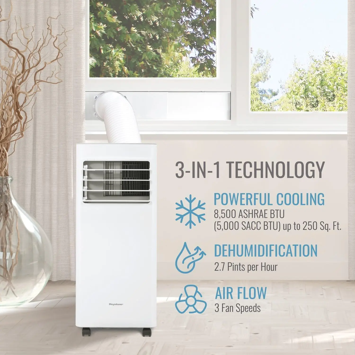 White 115V Portable Air Conditioner, 8,500 BTU ASHRAE / 5,000 BTU DOE, with Dehumidifier and Remote Control, AC Unit for Apartments, Bedrooms, and Small Rooms up to 200 Square Feet