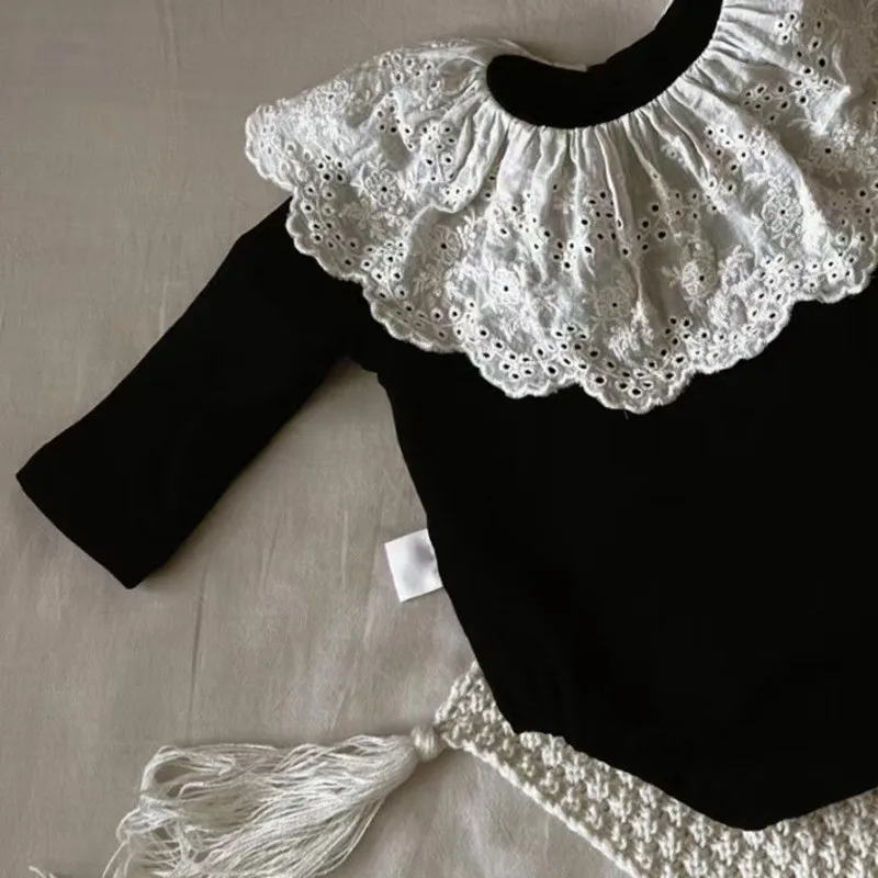 Newborn Baby Girl Black Cotton Lace Collar Romper Infant Toddler Solid Long Sleeve Jumpsuit Spring Autumn Baby Clothes 3M-18M