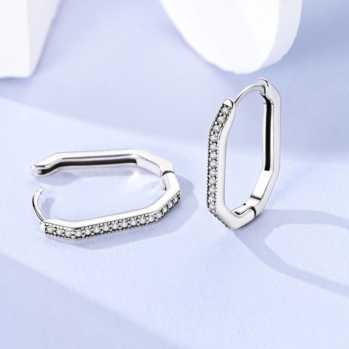 

925 Sterling Silver Hoop Earring U Shape Simple Hexagon Inlaid Stone Pendientes For Woman Fine Jewelry