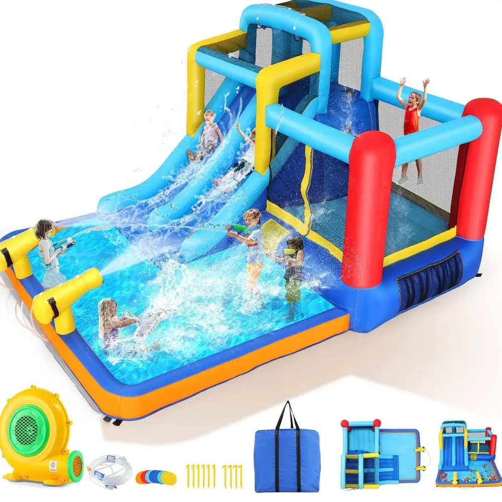 

Water Slide Bounce House, 12x10FT Inflatable Water Park w 2 Slides, Jumping House, Climbing Wall amp 2 Water Cannons for Outdoo