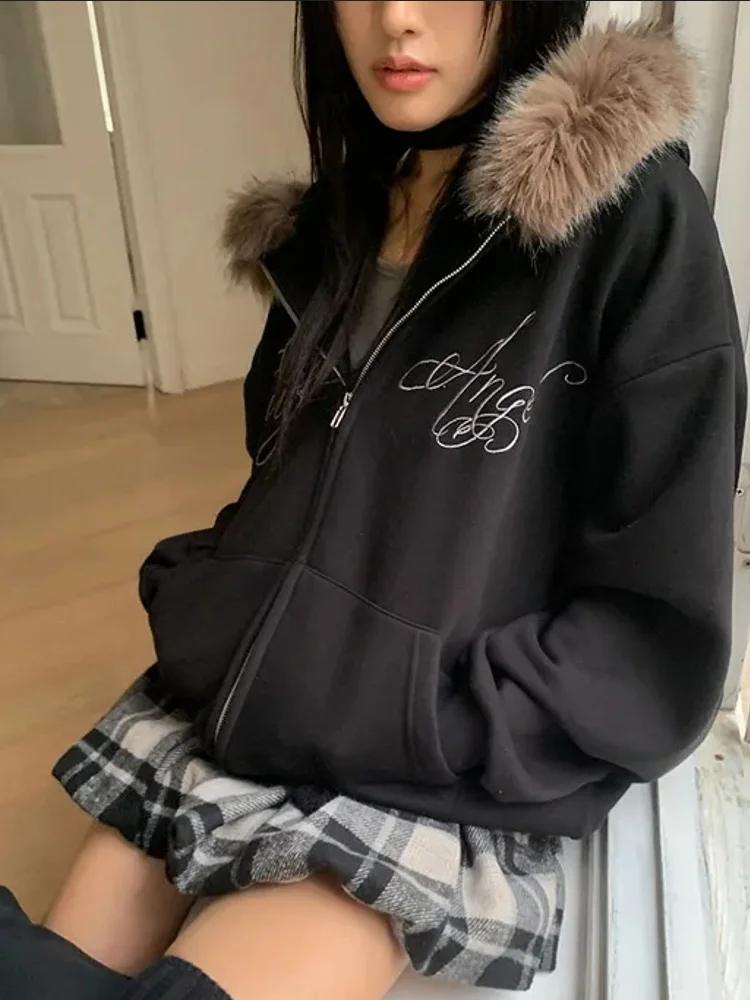 2026 Autumn Winter Y2K Grunge Faux Fur Hood Zip Up Hoodie Letter Embroidery Oversized Long Sleeve Streetwear Sweatshirt view 3