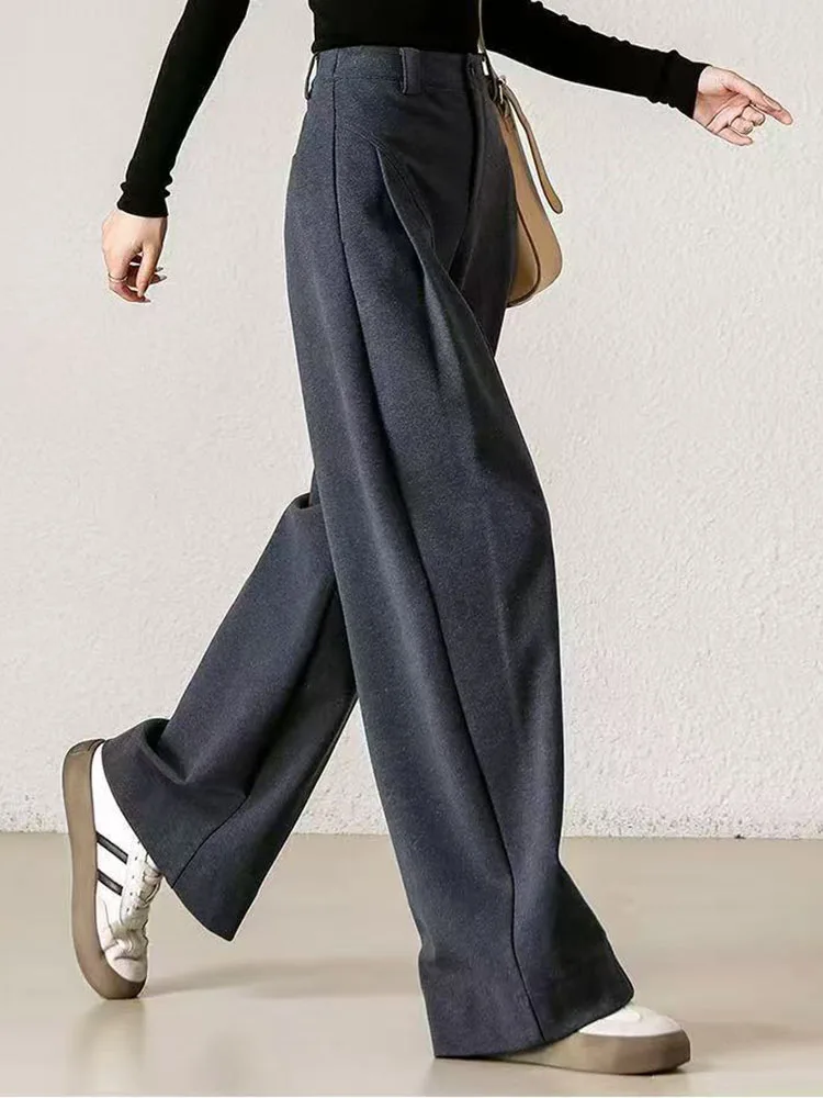 خريف شتاء سميكة مستقيم السراويل النساء عادية عالية الخصر الصوفية واسعة الساق Pantalones الكورية موضة فضفاضة الصوف مزيج Spodnie جديد #2