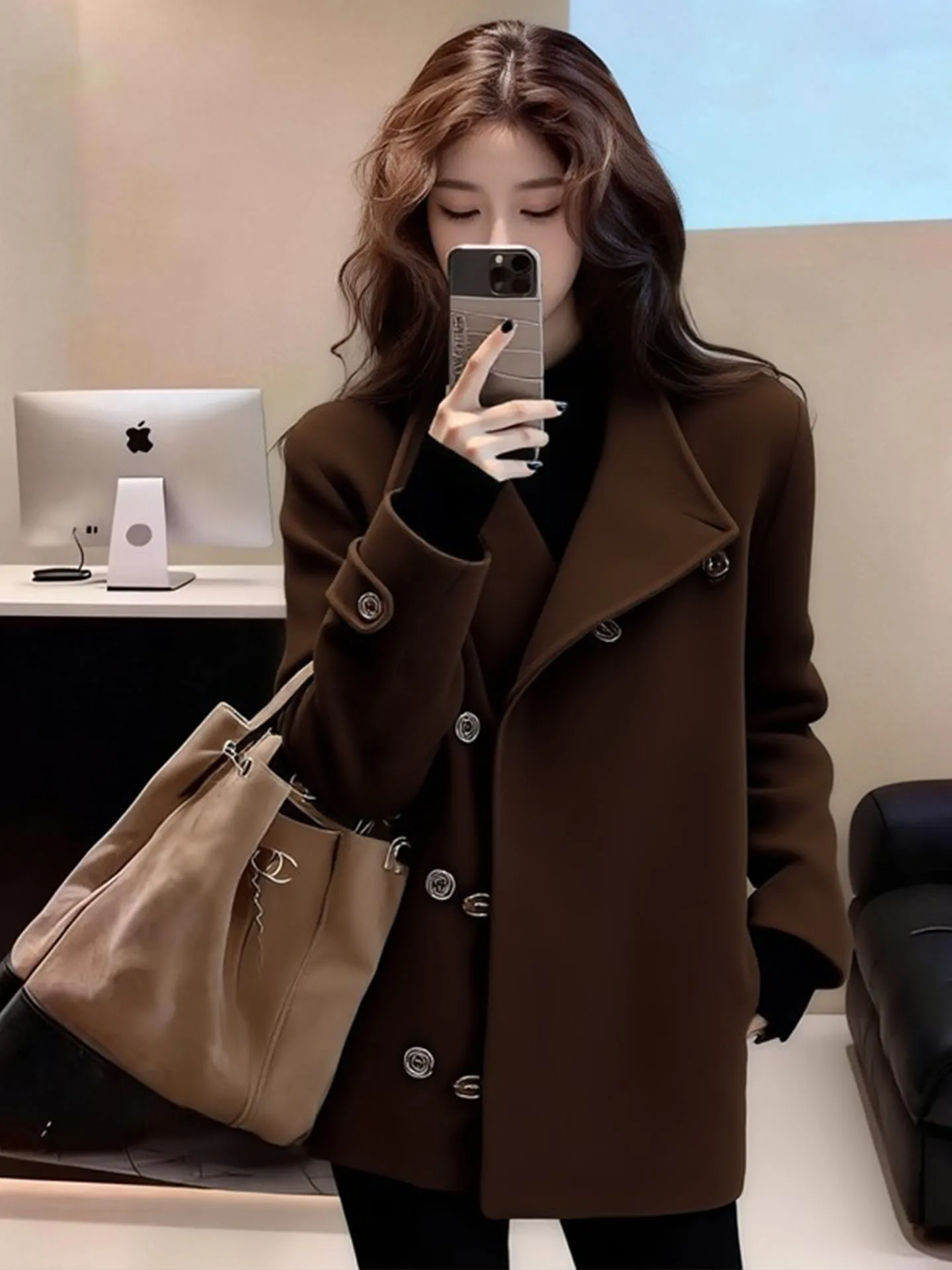 

Sli Vintage Brown Coat Women's Spring 2026 Stand Collar Versatile High End Feeling Quali Match All Tops Button Closure