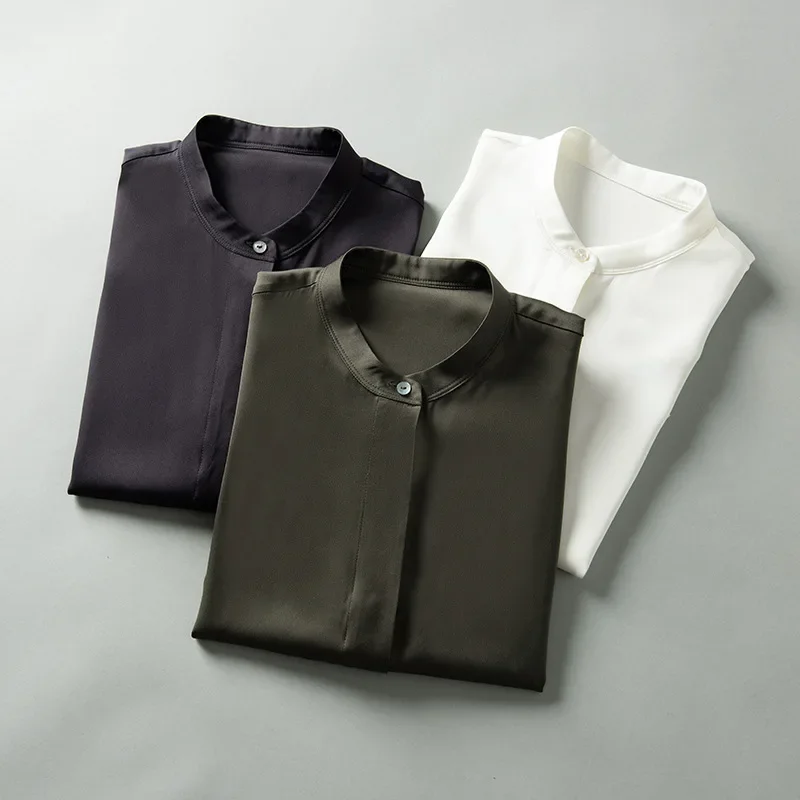 Heavyweight Silk Standing Collar Shirt For Women New French Shirt Short Sleeved Commuting Mulberry Silk Top Summer