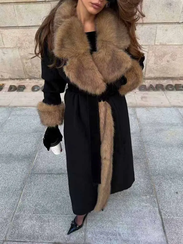 

European and American style women's winter new arrival fashion versatile solid color long-sleeved coat with large fur collar.