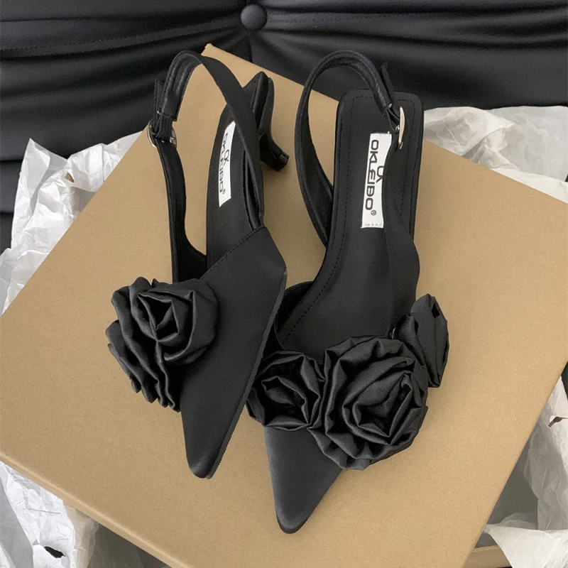 New Woman 2024 Trend Sandals High Heeled Sweet Rose Closed Toe Footwear Summer Slingback Pointed Fashion Dress Ladies Shoes