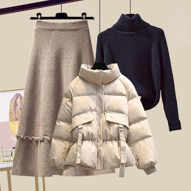 2022 New Autumn and Winter Korean High Neck Sweater Down Cotton Jacket + Fashion and Leisure Three Piece Skirt Suit