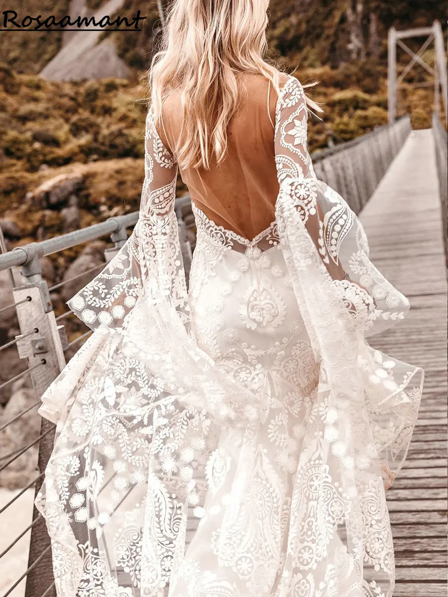 Boho Halter Long Flare Sleeve Mermaid Wedding Dresses Open Back Lace Appliques Bohemian Bridal Gowns