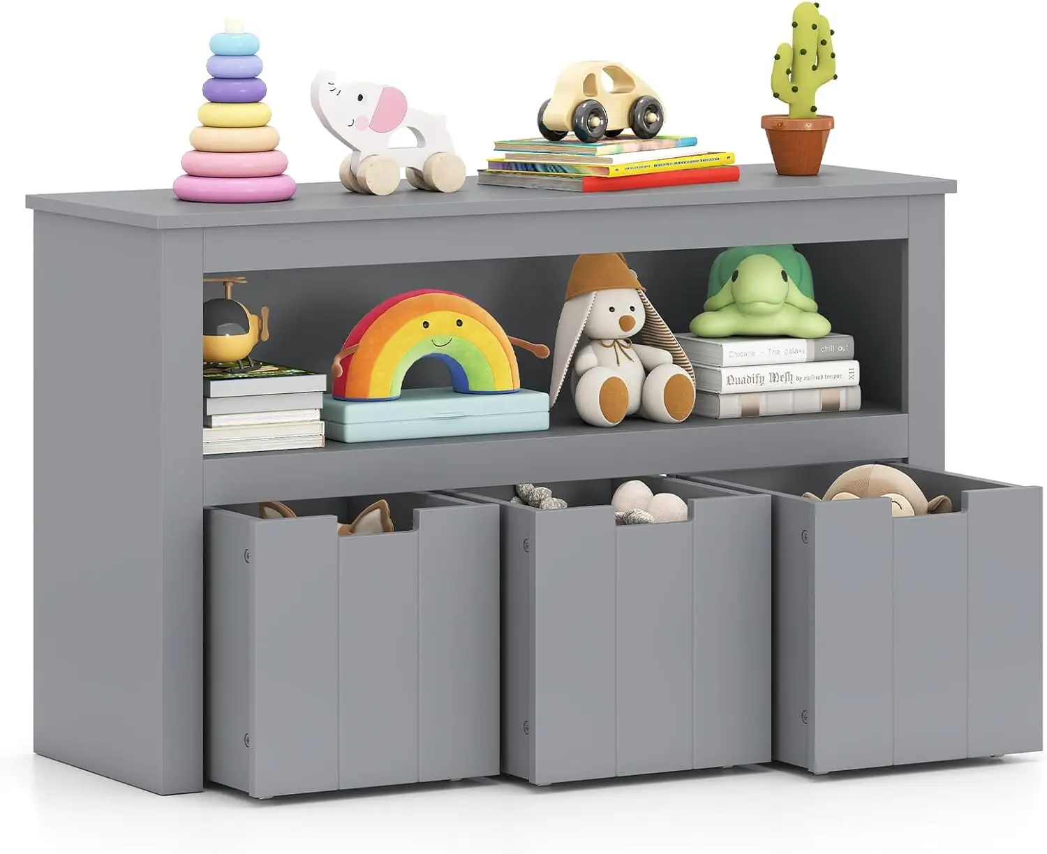 장난감 보관 캐비닛(서랍 3개, 바퀴 포함, 넓은 상판) - 회색, 13' D x 40' W x 24.5' H