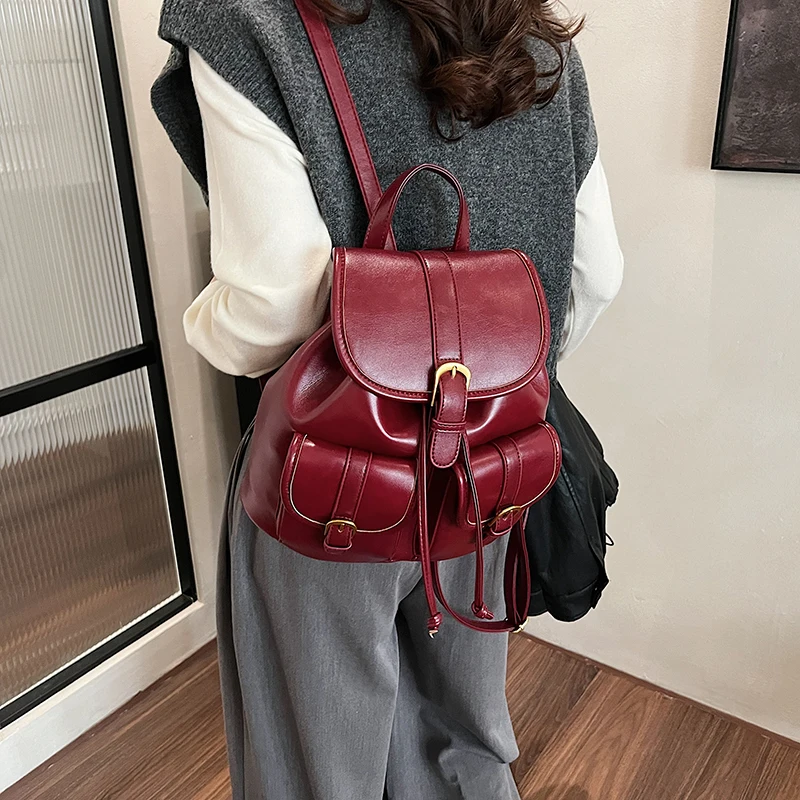 LEFTSIDE Women Retro Small Double Pockets PU Leather Backpacks 2024 Winter Y2K Korean Fashion Backpack School Student Back Packs