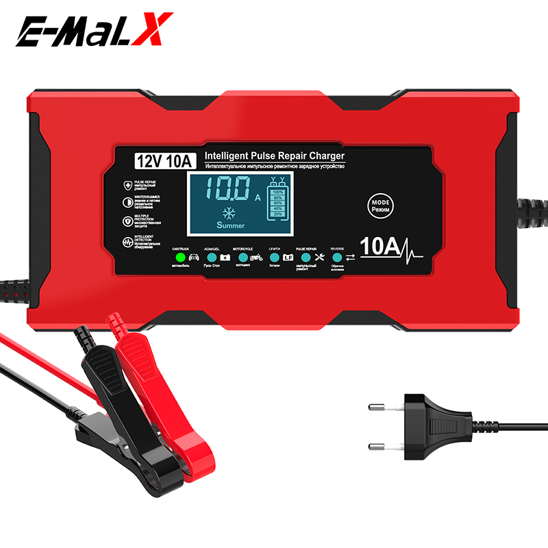  New 12V 10A Car Battery Charger Touch Screen Pulse Repair Digital LCD Display Smart Fast Charger for Car Motorcycle 