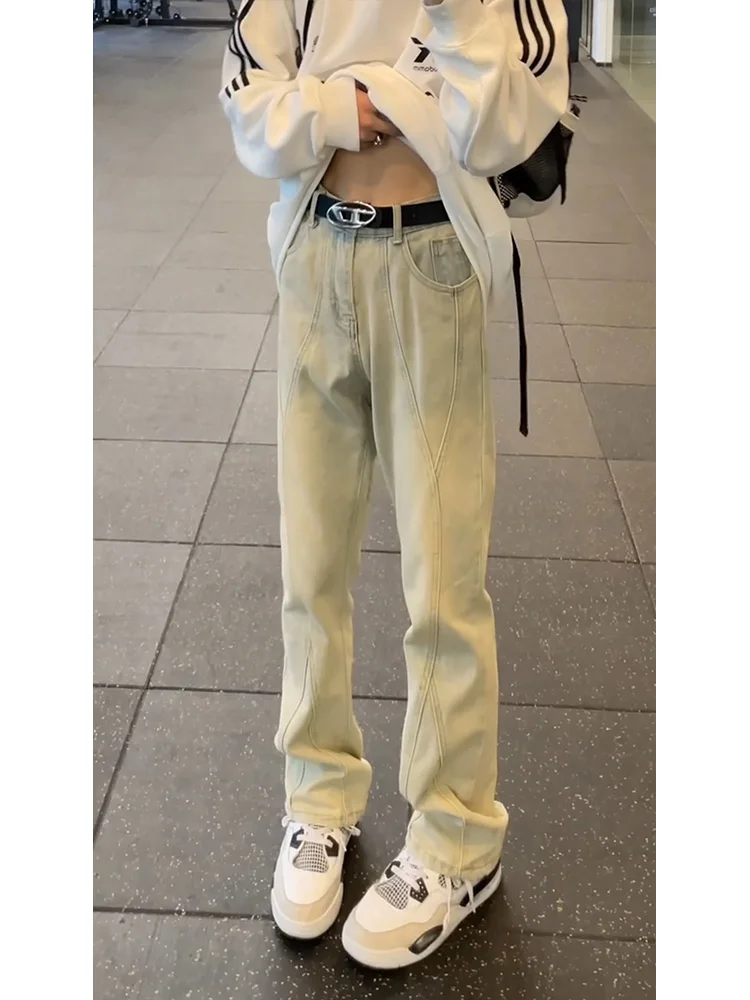 

American Sle Straight Leg Jeans Men's Extended Length Slim Fit Long Pants Yellow Mud Decosition Design Trendy Brand