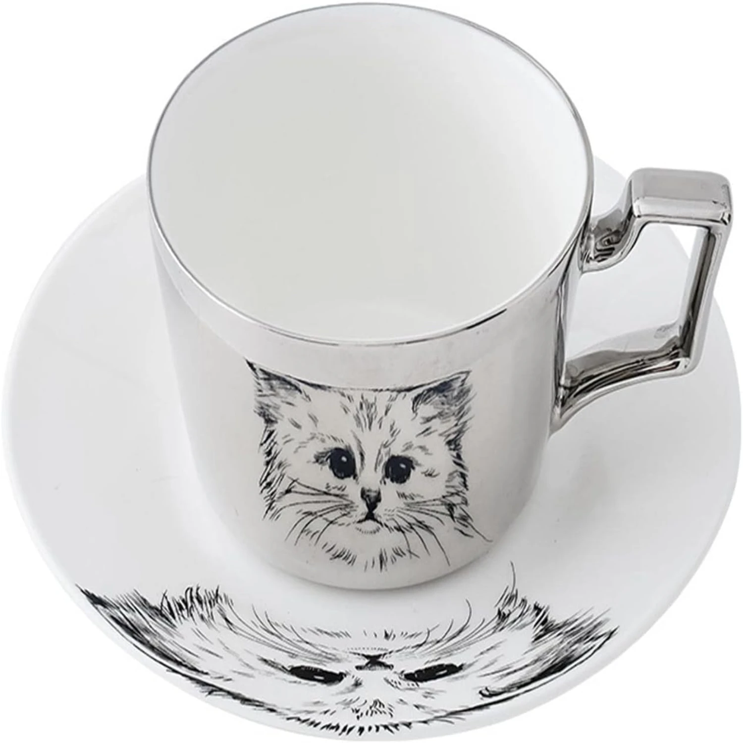 Unique Modern Anamorphic Style 200ml Reusable Ceramic Coffee Mug and Saucer Set with Intriguing Moving Reflection Design - Perfe