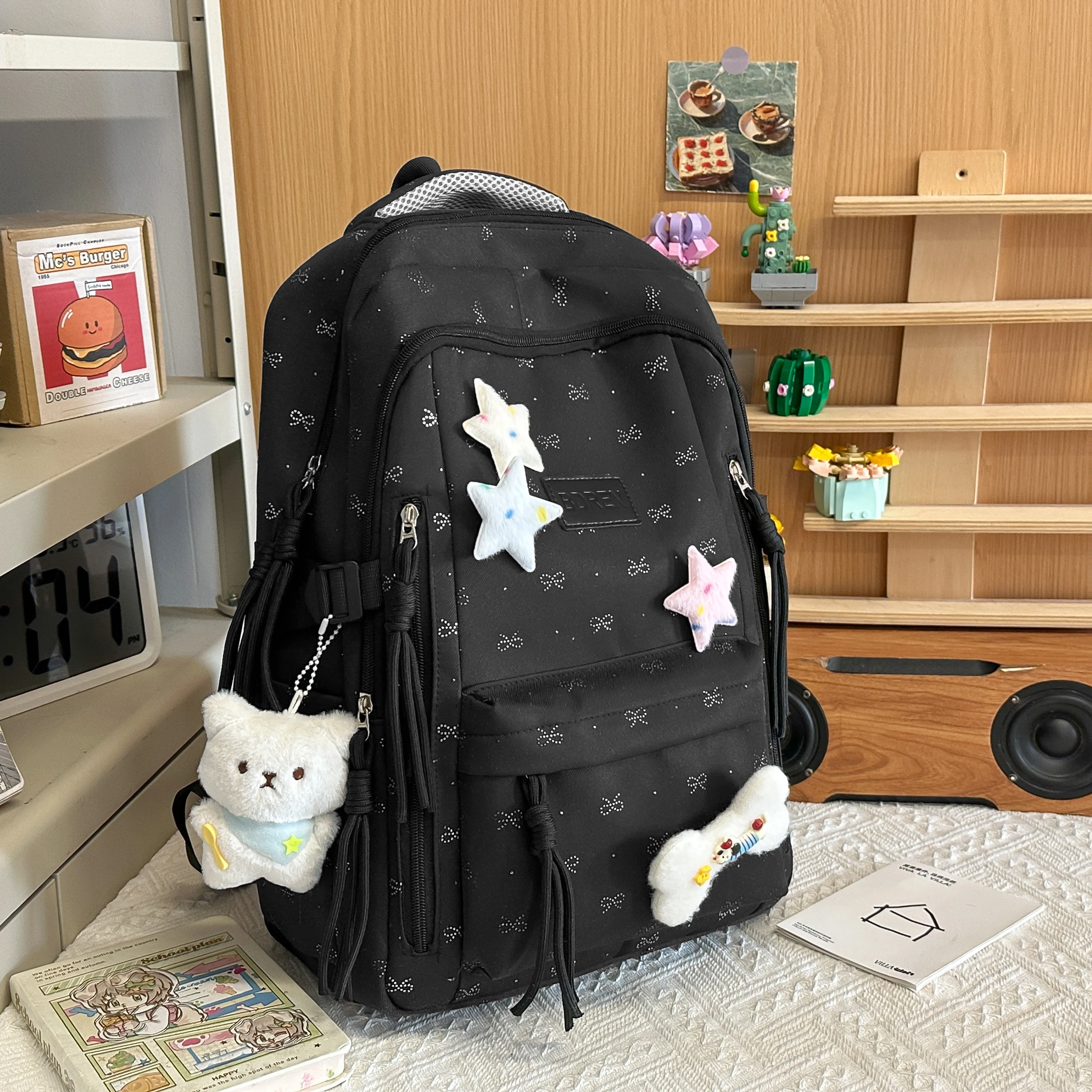 

Women's Cream White Canvas Backpack 3D Star Decor Plush Charm Tassel Detail Adjustable Strap Casual Daily School Bag 2026 New