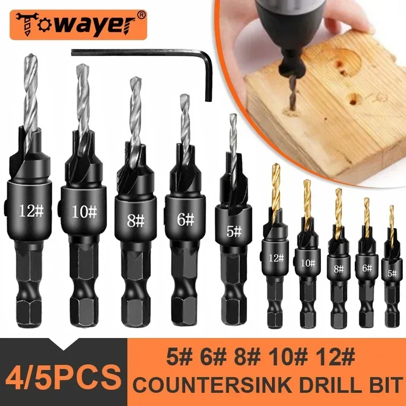 

4/5PCS Conical Drill Bit Countersink Drill Woodworking Drilling Pilot Holes HSS Universal Counterbore Cutter Screw Hole Drill