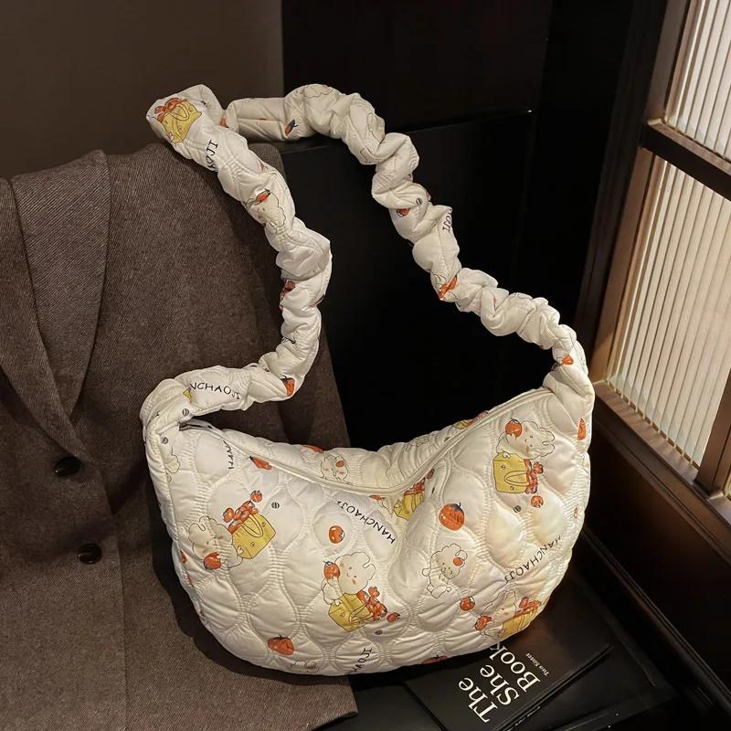 

Cute Puff Comfortable and Versatile Texture Hobo Bag WrinkCrossbody Storage Bag Casual Winter Simple Shoulder Bag Fashionable