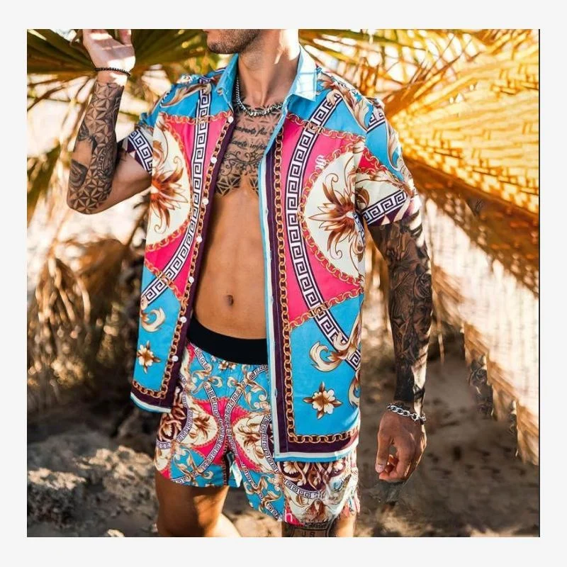 

Loose Casual Men's Hawaiian Print Shirt Beach Style Two-Piece Set Short Sleeve Five-Pocket Fashionable Youth Summer Outfit