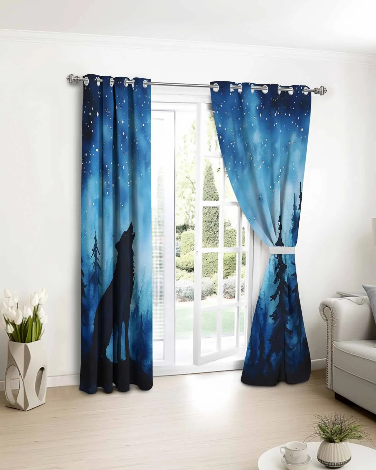 

Wolf Forest Silhouette Night Window Curtains Living Room Kitchen Curtains for Bedroom Left and Right Biparting Open Curtains