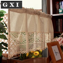 Cortinas cortas de lino y algodón hechas a mano para cocina, cenefa Beige con borlas huecas de encaje de ganchillo, para cafetería, cocina, puerta y ventana