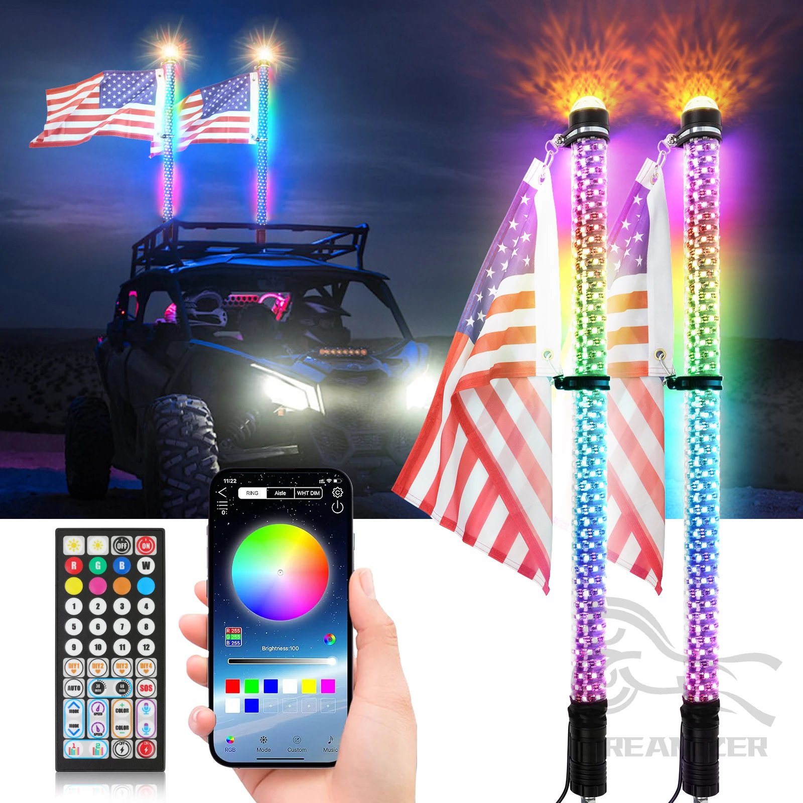 

2PCS 3FT Fat LED Whip Lights Remote Control Flagpole Antenna Whips With Warning Lights For UTV ATV Off Road Truck Sand Buggy