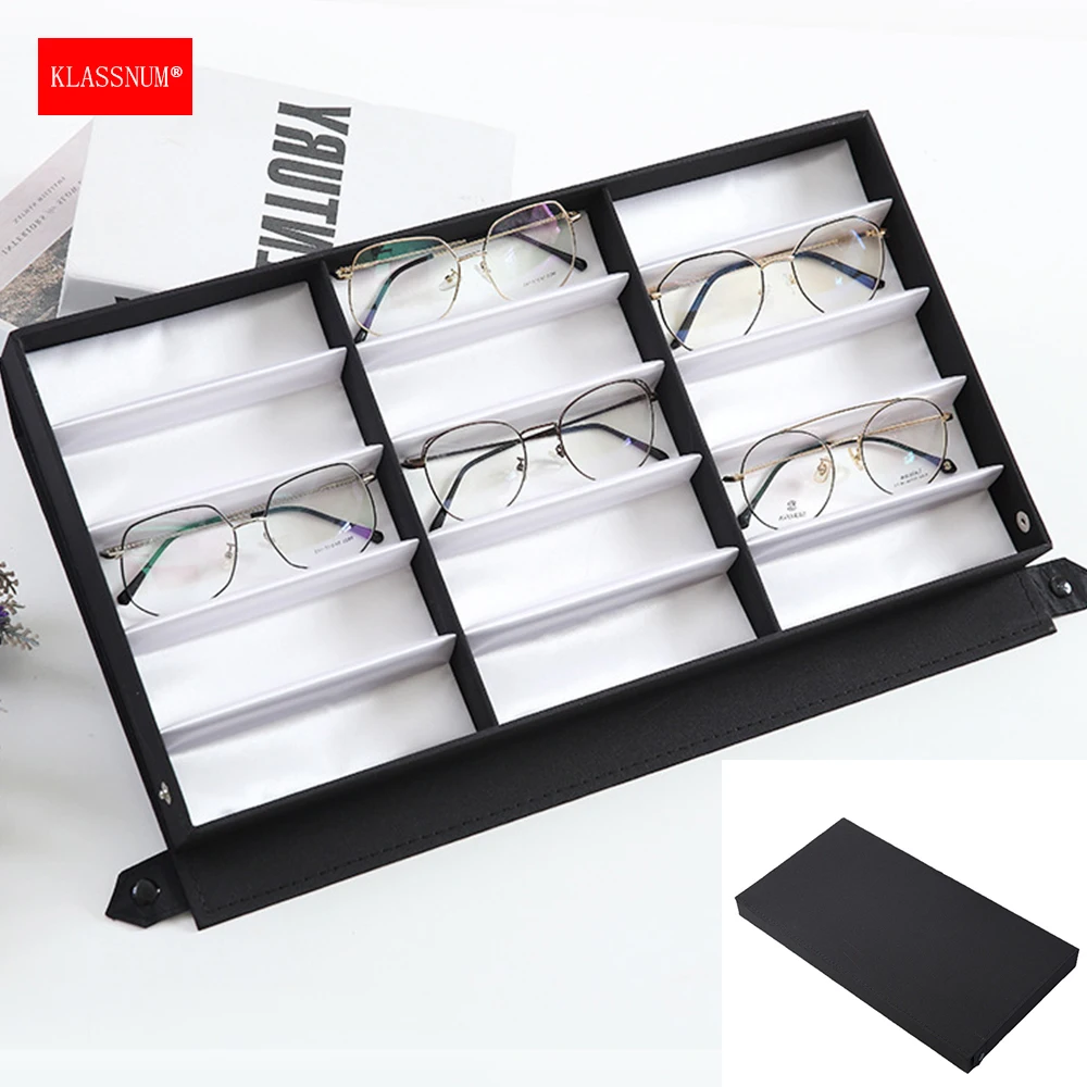 KLASSNUM 15-Slot Glasses Display Black Box Textile Lined Oxford Cloth Wood Case Home Sunglasses Reading Glasses Storage Box