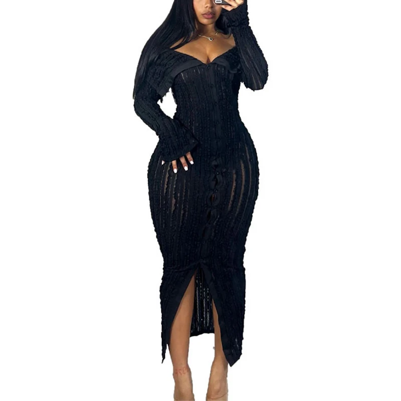 Women's Summer Off Shoulder Bodycon Dress Sexy Long Sleeve Button Down See Through Mesh Sundress Club Party Maxi Dresses Vestido