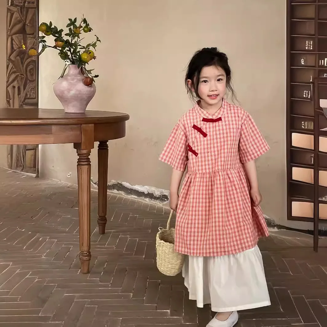 Girl Dress 2024 Summer National Style Dress Plaid Cheongsam Girl Plaid Skirt Children Chinese Dress Baby Girl Plaid Skirts