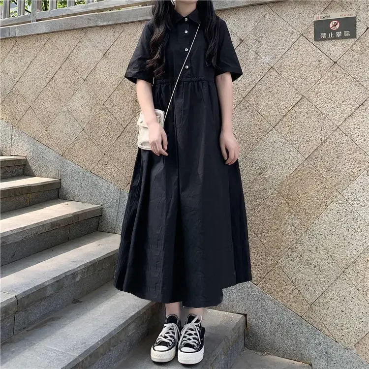 New Style Summer Short-Sleeved Full Body Dress Korean Style Loose Black Dress Woman Dress Vestido De Mujer Femme Robe