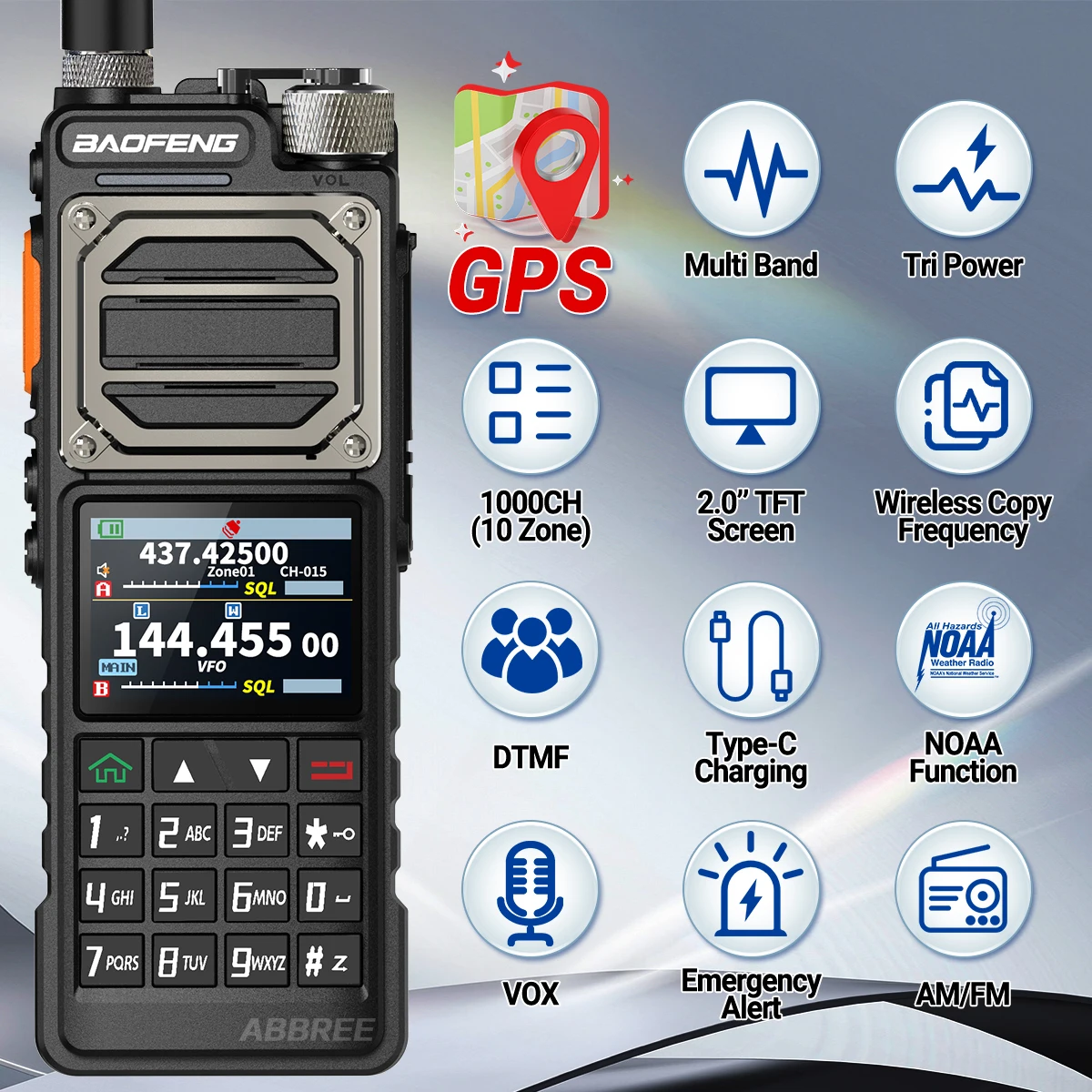 BAOFENG UV-25 PRO GPS Walkie Talkie 10W Multi Band 1000CH Type-C Charger 5200mAh for UV-5R Amateur Two Way Ham Radio for camping