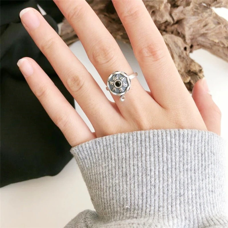 Vintage Thai Silver Sanskrit Buddhist Scriptures 925 Sterling Silver Resizable Opening Ring For Women Jewelry RI1018