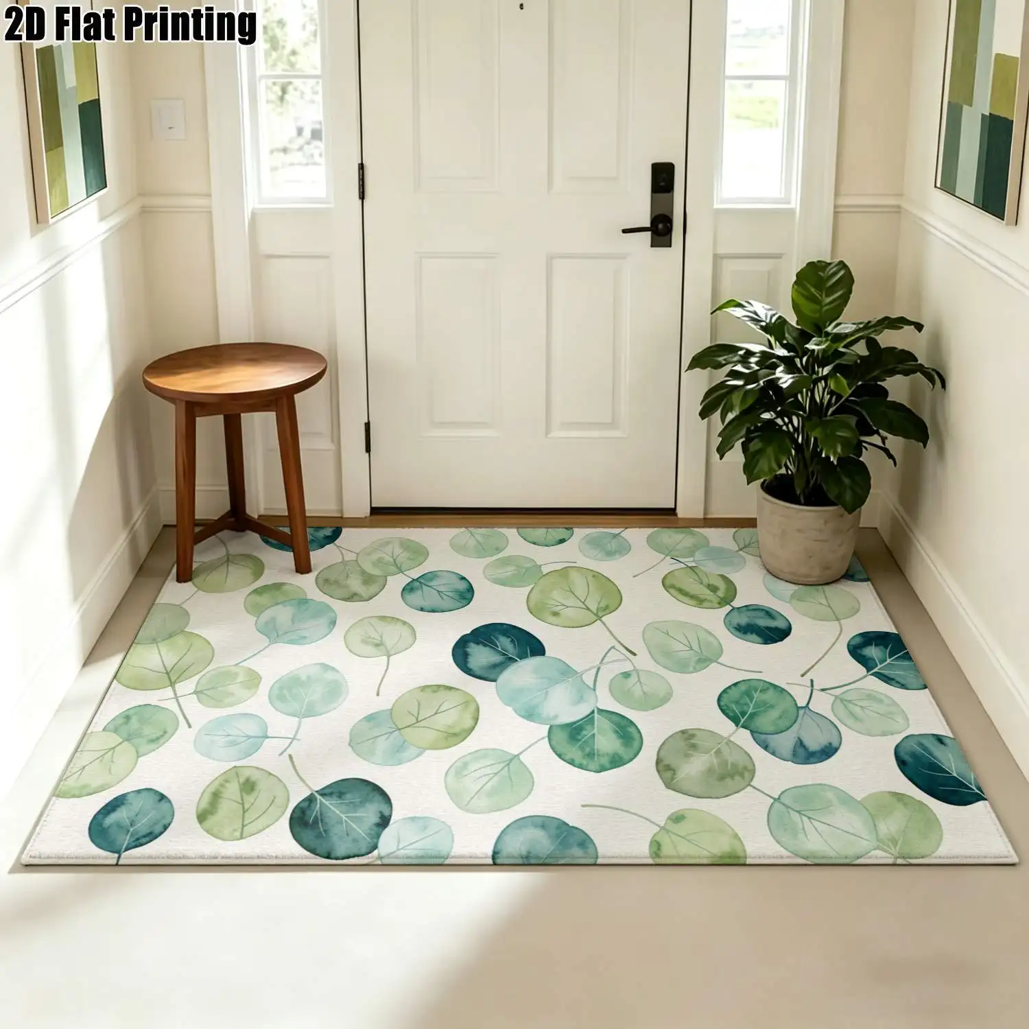 1Pc 2D Printed Nordic Eucalyptus Leaf Carpet, Instagram-Worthy Floor Mat for Home Decor, Machine Washable, Multi-Size, Multi-Scene Use