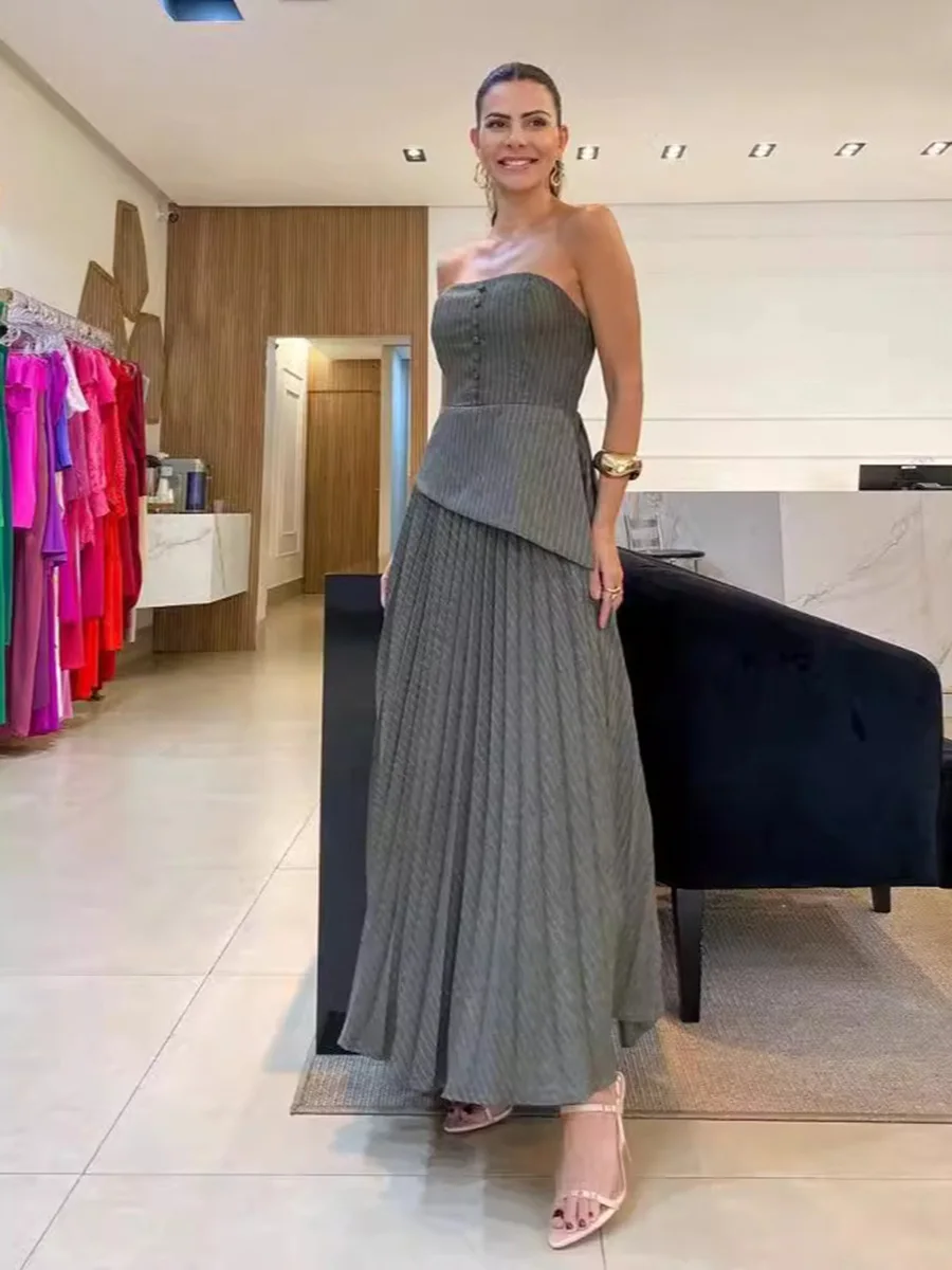 

Solid Textured Skirt 2 Piece Set Women Buttons Strapless Irregular Hem Tube Top Summer Elegant Fashion Pleated Long Skirts Sets