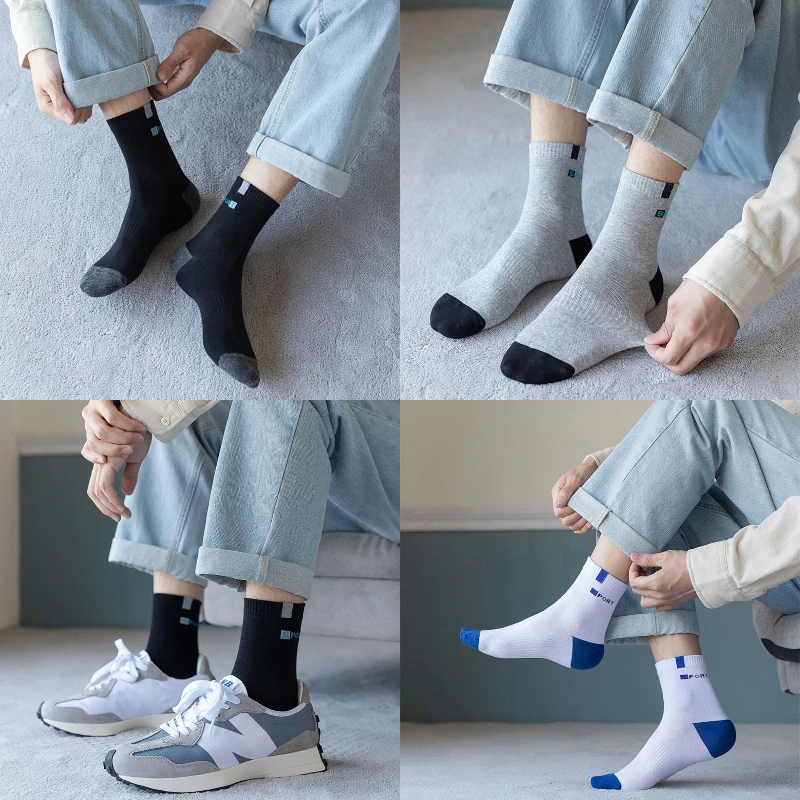 Cotton Sock for Men Sport Breathable Soft Letter Fashion Sneakers High Elastic Middle Tube Stocking Towel Sox Summer Running