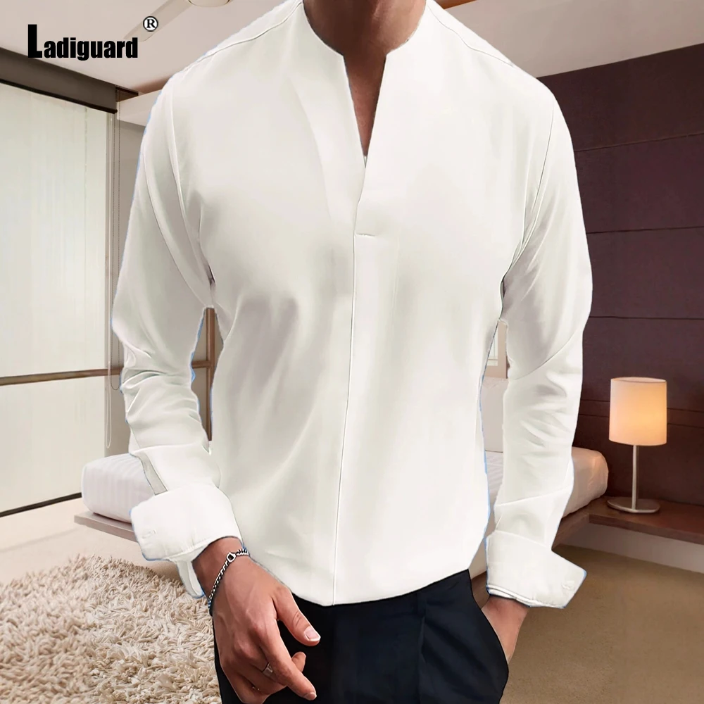 

Мужская повседневная рубашка без воротника больших размеров, 2026, сексуальная блузка с V-образным вырезом, мужская рубашка с длинными рукавами, винтажный базовый топ, верхняя одежда, новинка