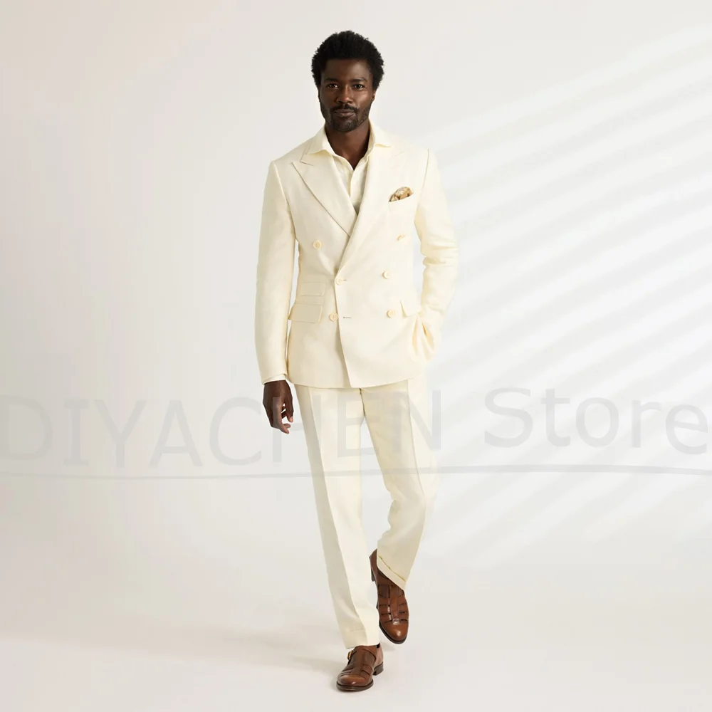 

Chic Men Suit Set Fashion Double Breasted Peak Lapel Jacket And Tailored Trousers Beach Wedding Formal Party Tuxedo 2 Piece