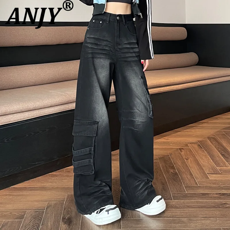 

ANJY Autumn New Women American Retro Cargo Jeans Multi-Pocket Straight Safari Style High Street Stylish Y2k Wide Leg Pants A8790