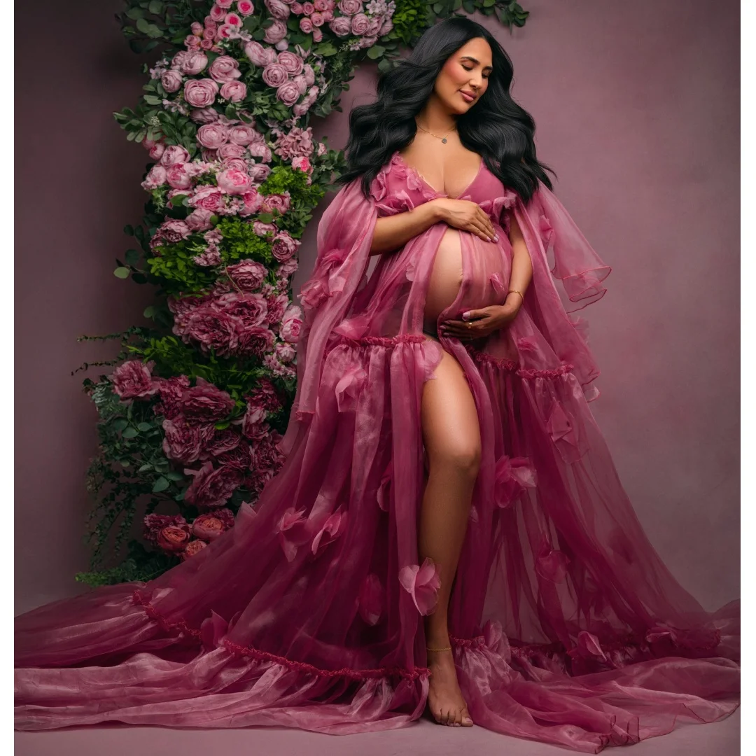 Transparent Floral Prom Dresses Plus Size Slit Maternity Photoshoot Dress Customized Long vestido de novia