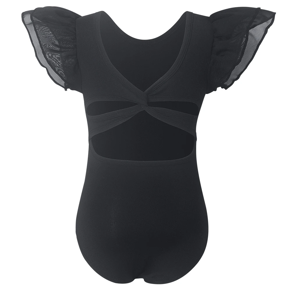 Dziewczęce czarne trykoty baletowe z falbankami, krótkie rękawy, stroje gimnastyczne, odkryte plecy, body do ćwiczeń gimnastycznych, kostium do treningu.
