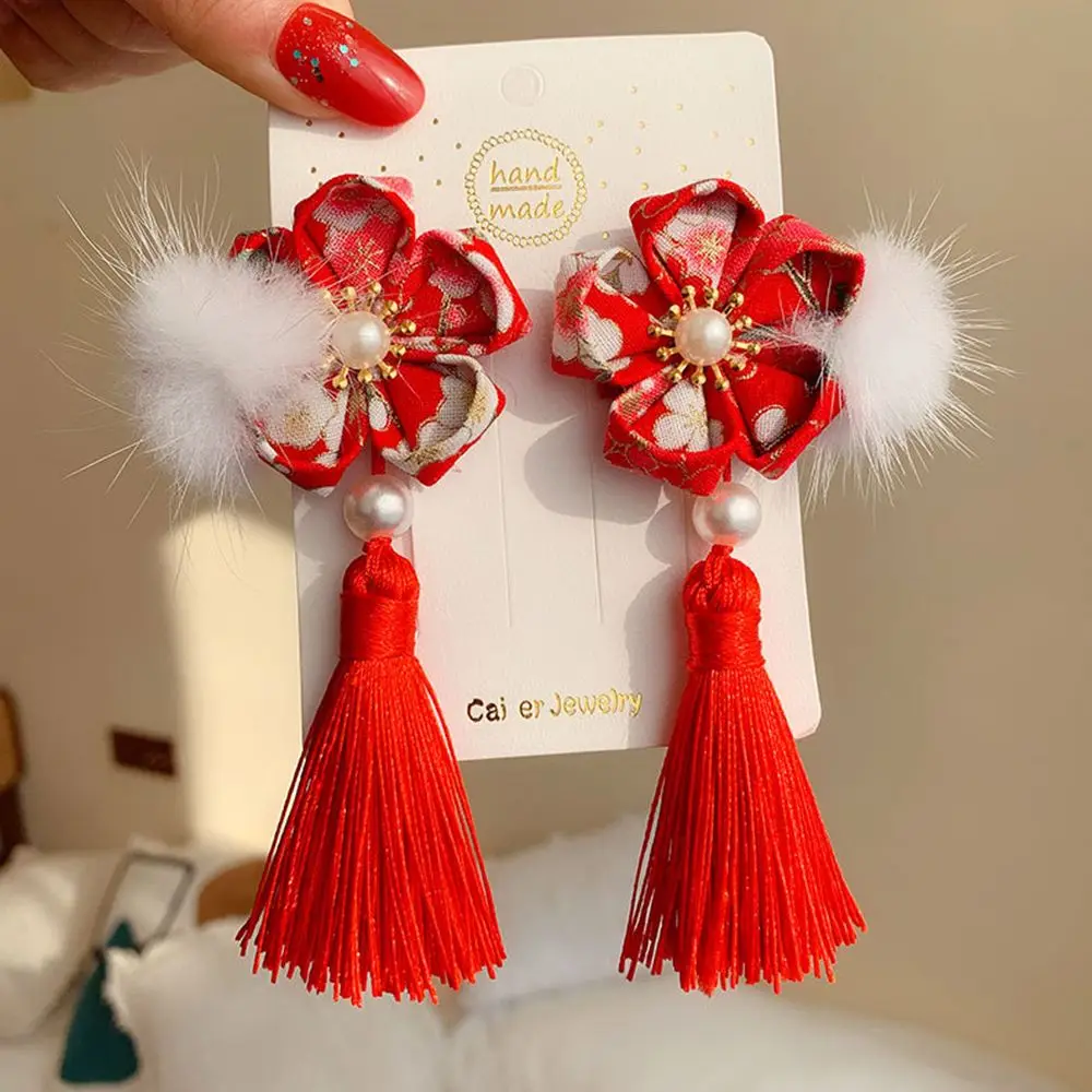 

Sweet Cute Girls Bowknot Tassel Hairball Hair Rope Children's Headwear Duckbill Clip New Year Hair Accessories