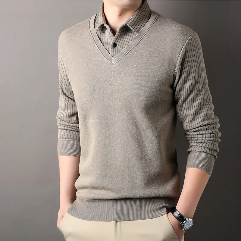 Winter Men's Plush Pullover Polo Neck Sweaters Fake 2 Piece Fashion Business Causal Knit Sweater Mens Clothing