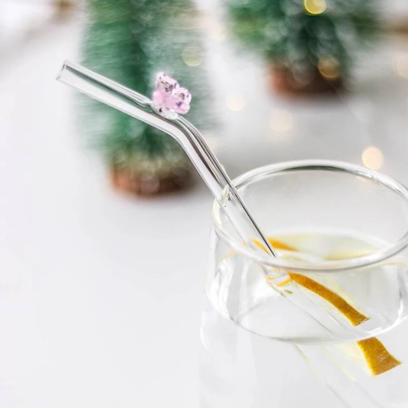 Pajitas de vidrio reutilizables con mariposa, pajitas ecológicas para beber con cepillo limpio para batidos, cócteles, accesorio de Bar
