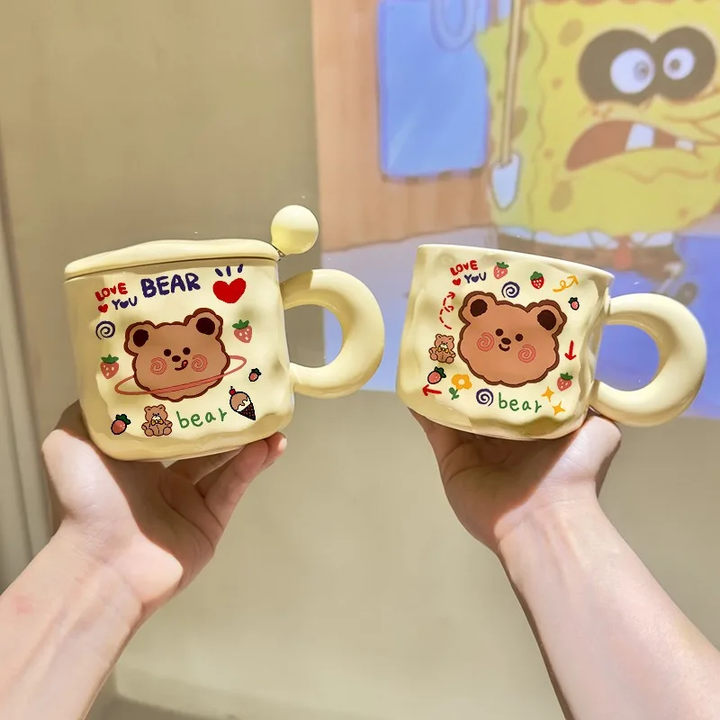 400ml Korean Cream Bear Mug, Fat Handle Ceramic Cup, Large Capacity Simple Milk Cup, Male and Female Student Couple Cup