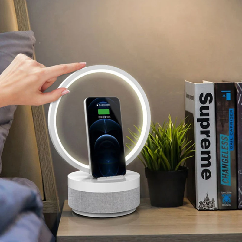 2024 New Multi-Function Wireless Charging Lamp BT Speaker Smart AI Night Light Brightness Adjustment Table Lamp as Gift